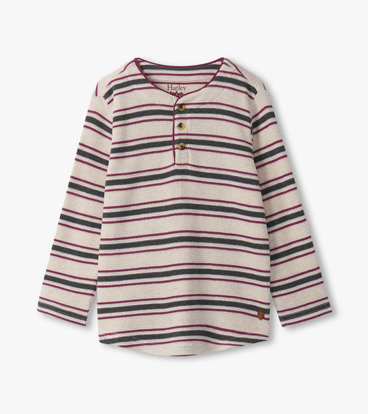 Oatmeal melange long-sleeve henley with multicolored stripes and three-button placket.