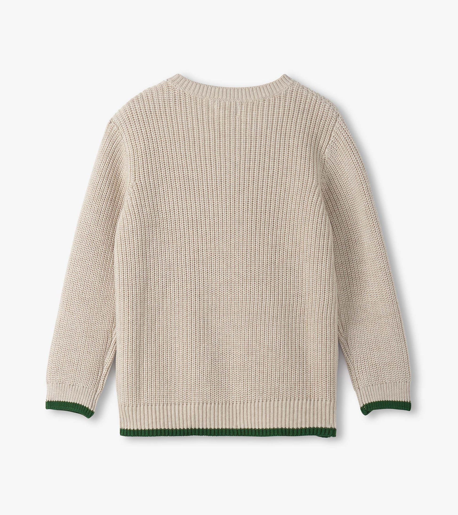 Oatmeal melange sweater with a button neck, featuring a textured knit and green trim at the cuffs and hem.