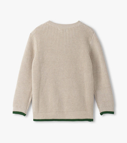 Oatmeal melange sweater with a button neck, featuring a textured knit and green trim at the cuffs and hem.