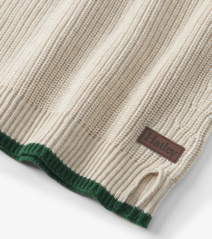Oatmeal melange sweater with ribbed texture, featuring a green hem and button neck detail.