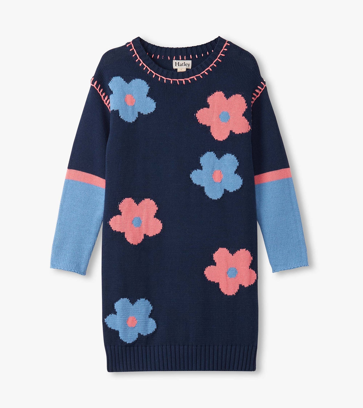 Navy sweater dress with drop shoulders, featuring colorful flower patterns and contrasting blue sleeves.
