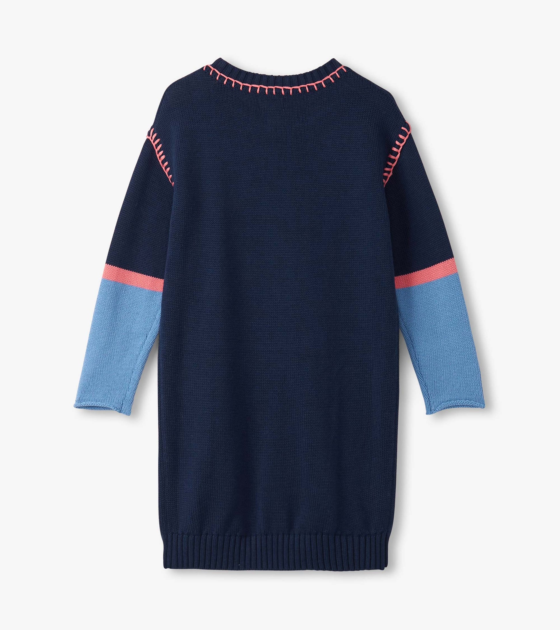 Navy sweater dress with drop shoulders, featuring light blue and pink striped sleeves and a ribbed hem.