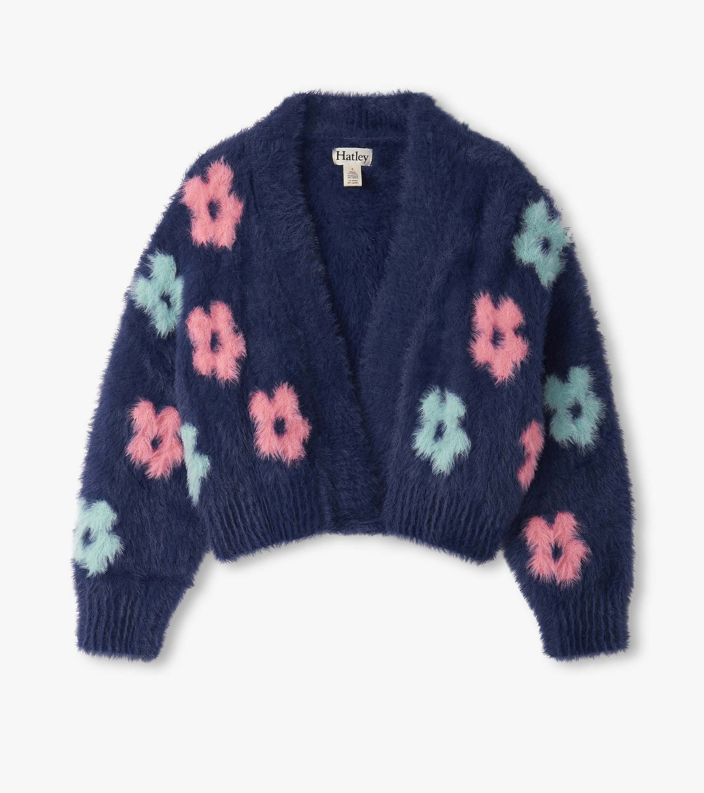 Navy open cardigan with fluffy texture and colorful flower patterns in pink and teal.