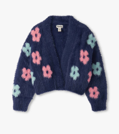 Navy open cardigan with fluffy texture and colorful flower patterns in pink and teal.