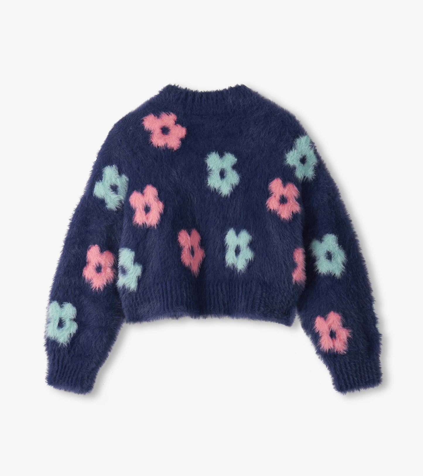 Navy open cardigan with fluffy texture, featuring colorful big flower patterns in pink and mint green.