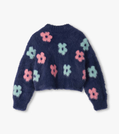 Navy open cardigan with fluffy texture, featuring colorful big flower patterns in pink and mint green.
