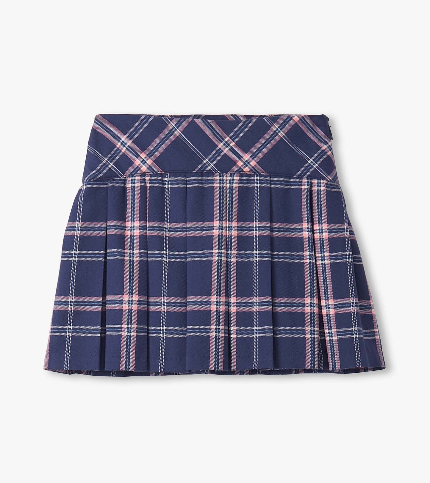 Navy plaid pleated skirt featuring pink and white stripes, designed for girls, with a fitted waistband.