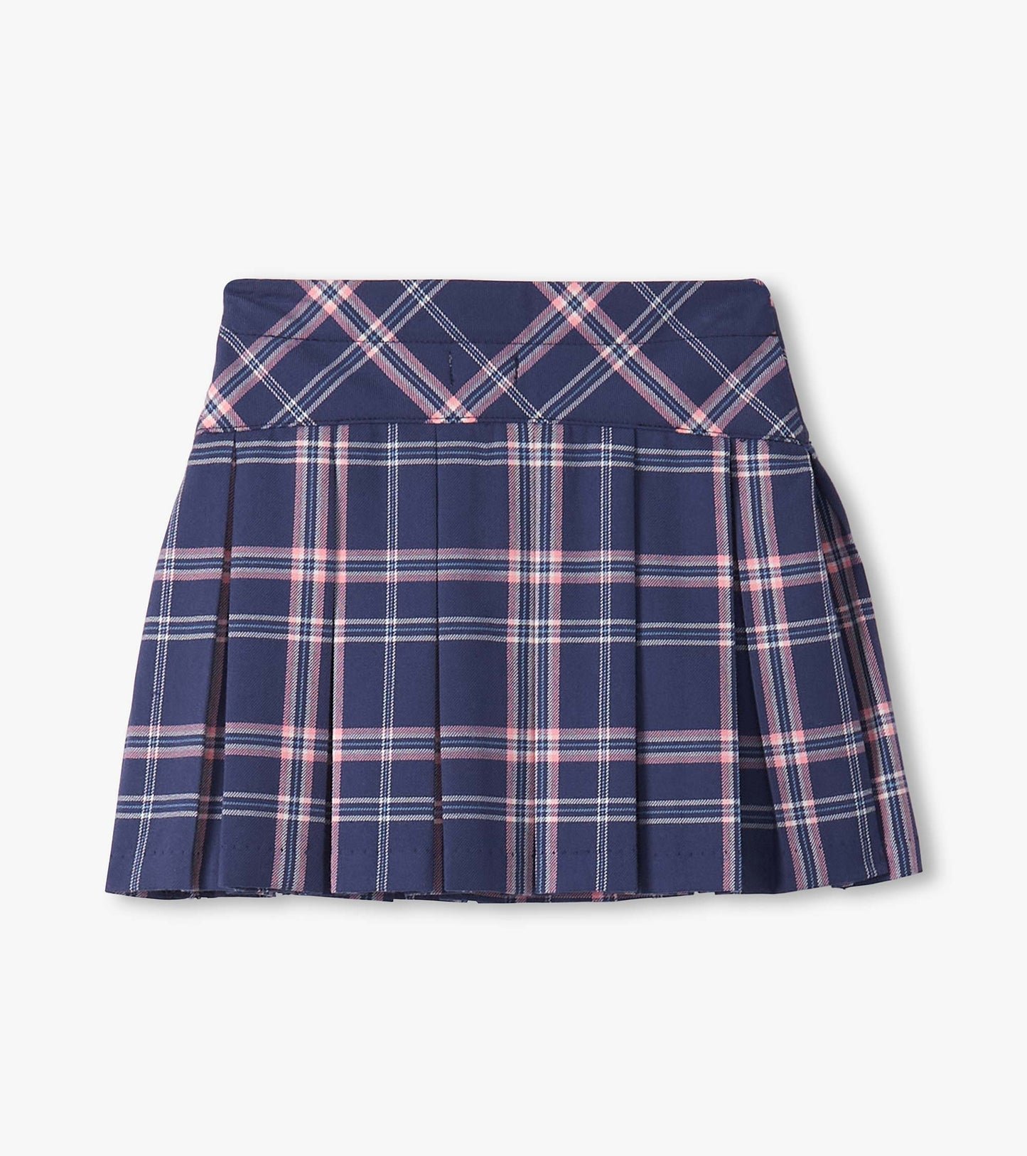 Navy plaid pleated skirt featuring pink and white accents, designed for girls, with a fitted waistband.