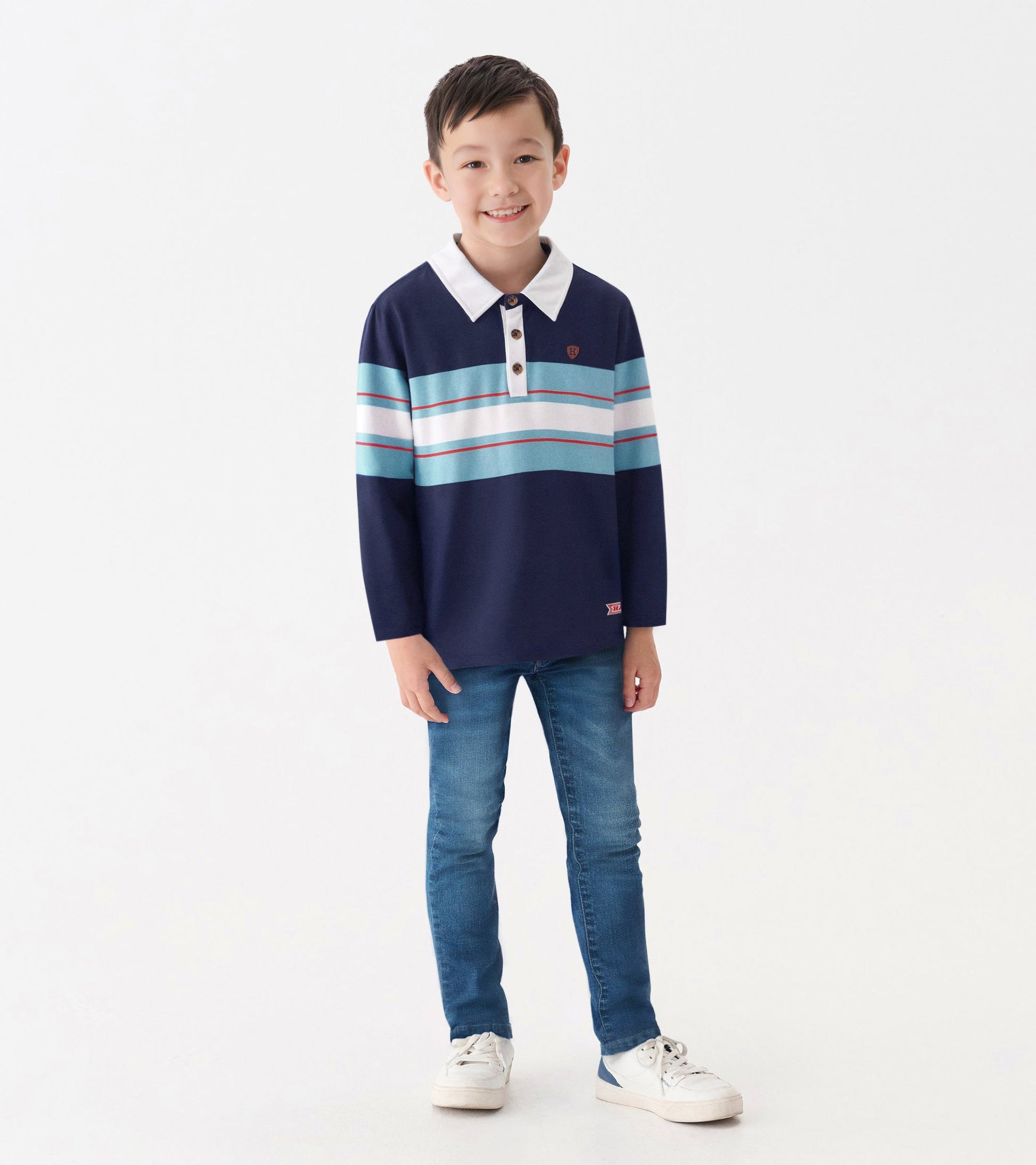 Boys' long-sleeve rugby polo in navy with blue and white stripes, featuring a buttoned collar and relaxed fit.