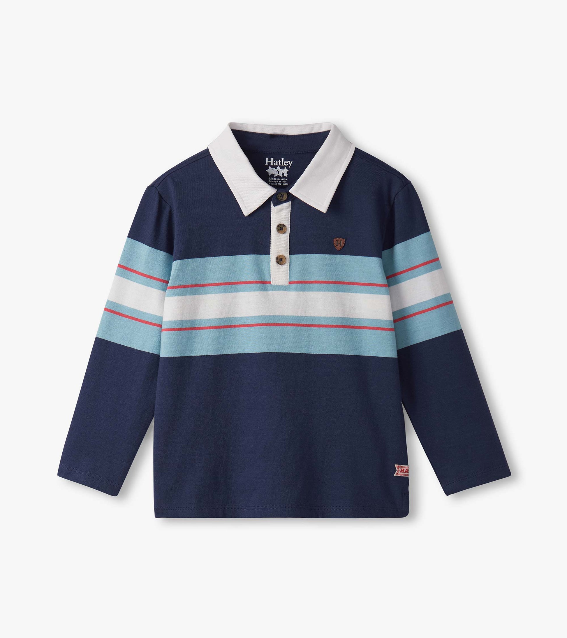 Long-sleeve rugby polo in navy blue with light blue and pink stripes, featuring a white collar and button placket.
