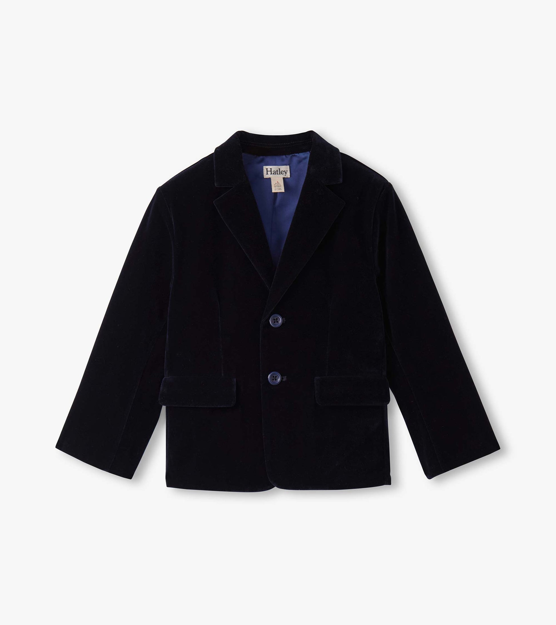Navy velveteen holiday blazer for boys with a notched collar and two front pockets.