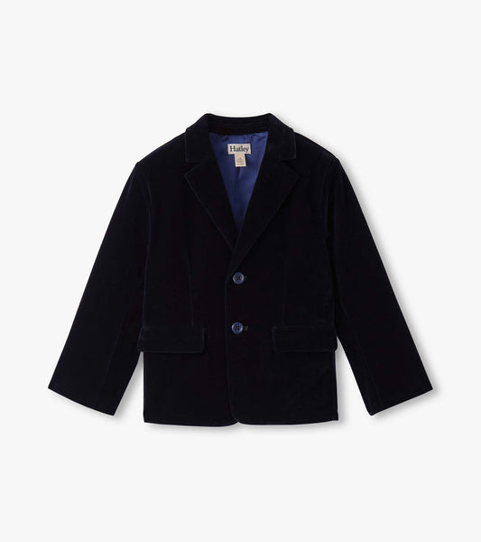 Navy velveteen holiday blazer for boys with a notched collar and two front pockets.