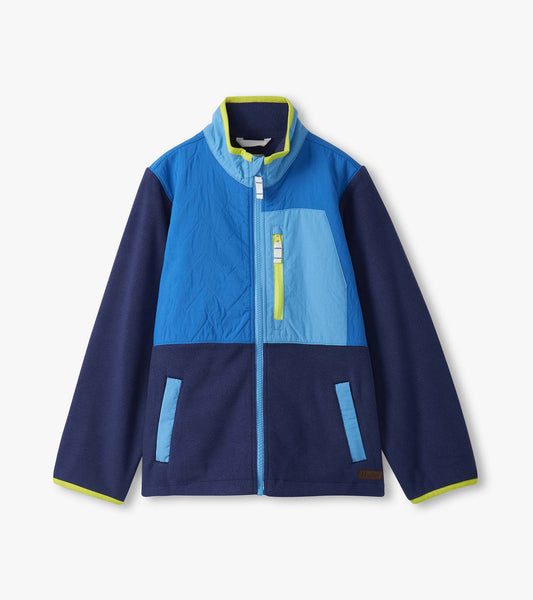 Blue colour block polar fleece jacket with a high collar, zip closure, and side pockets. Suitable for boys.