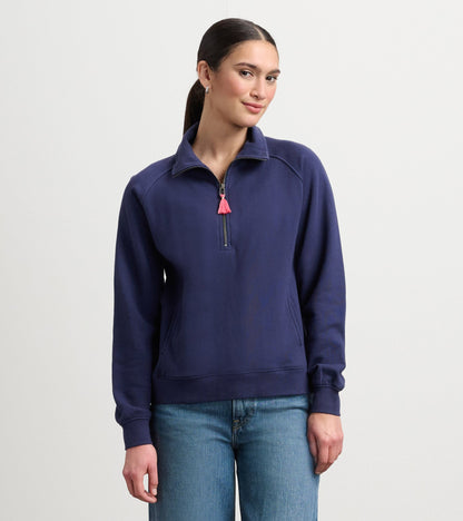 Patriot blue mock neck pullover with a half-zip and tassel detail, featuring long sleeves and a relaxed fit.