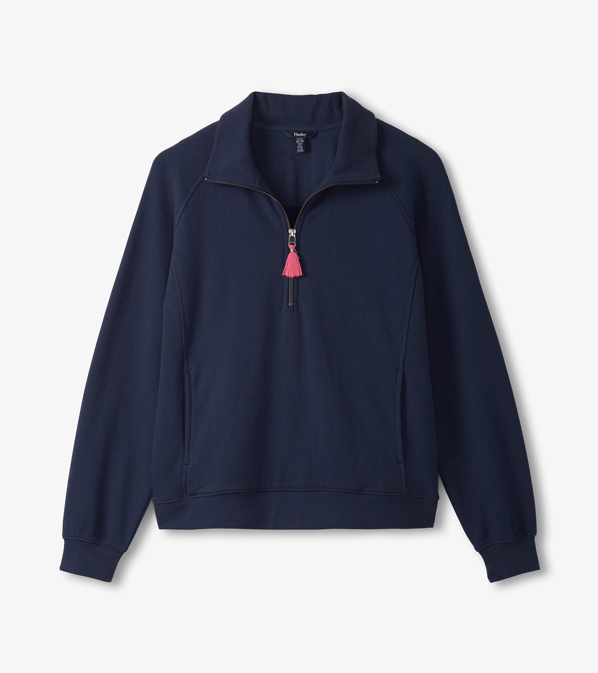 Patriot blue mock neck pullover with a half-zip front and pink tassel detail, featuring long sleeves and a relaxed fit.