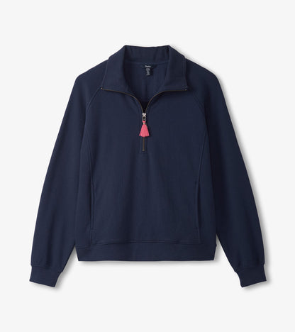Patriot blue mock neck pullover with a half-zip front and pink tassel detail, featuring long sleeves and a relaxed fit.
