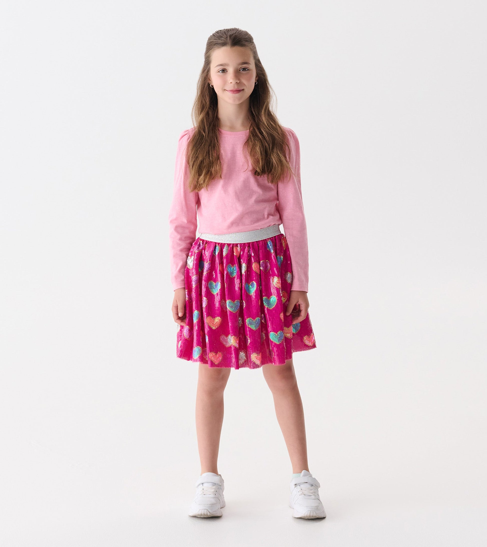 Girls Pink Busted Hearts Sequin Skirt