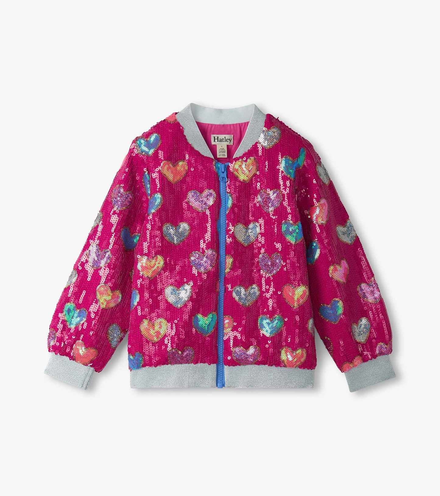 Girls Pink Busted Hearts Sequin Bomber Jacket