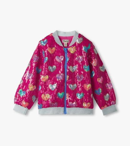 Girls Pink Busted Hearts Sequin Bomber Jacket
