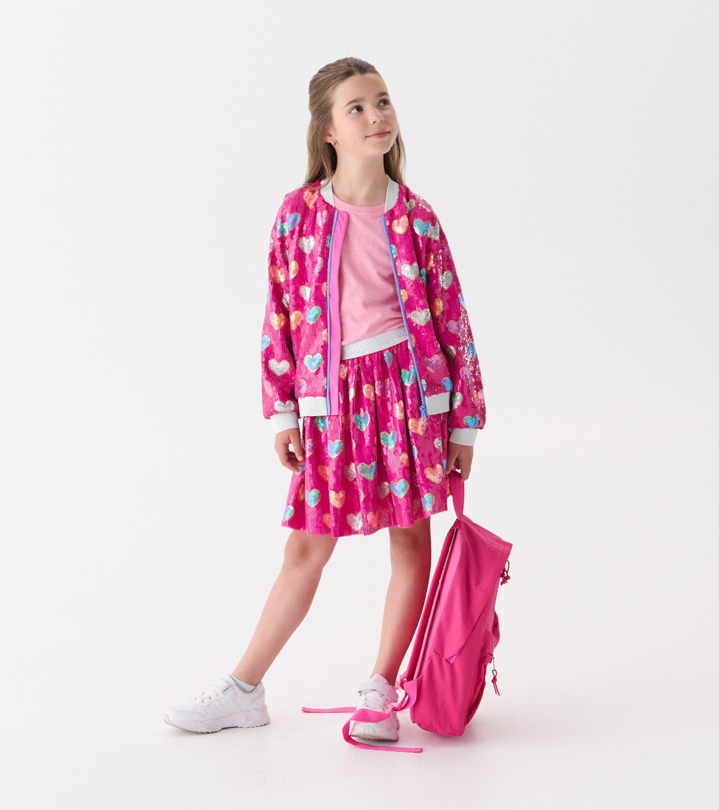 Girls Pink Busted Hearts Sequin Bomber Jacket