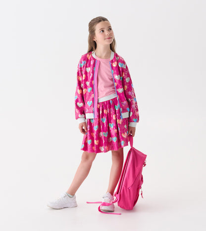 Girls Pink Busted Hearts Sequin Bomber Jacket