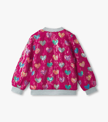 Girls Pink Busted Hearts Sequin Bomber Jacket