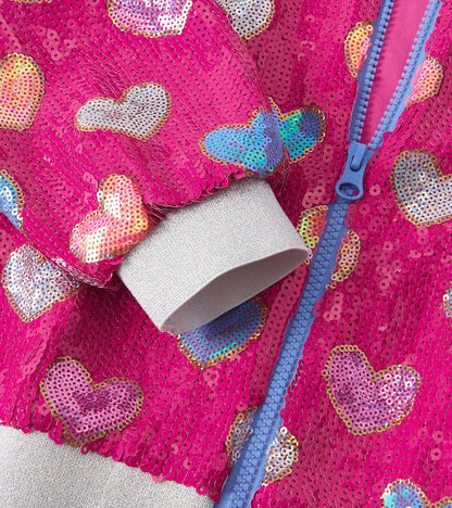 Girls Pink Busted Hearts Sequin Bomber Jacket