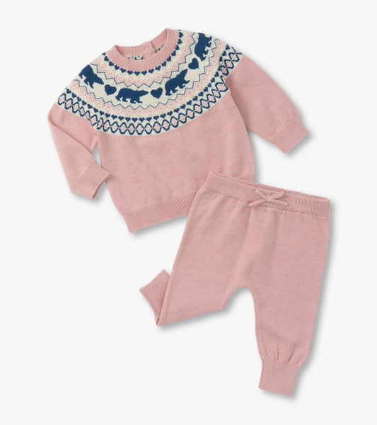 Pink bear-patterned sweater and matching pants set for baby girls, featuring long sleeves and elastic waistband.