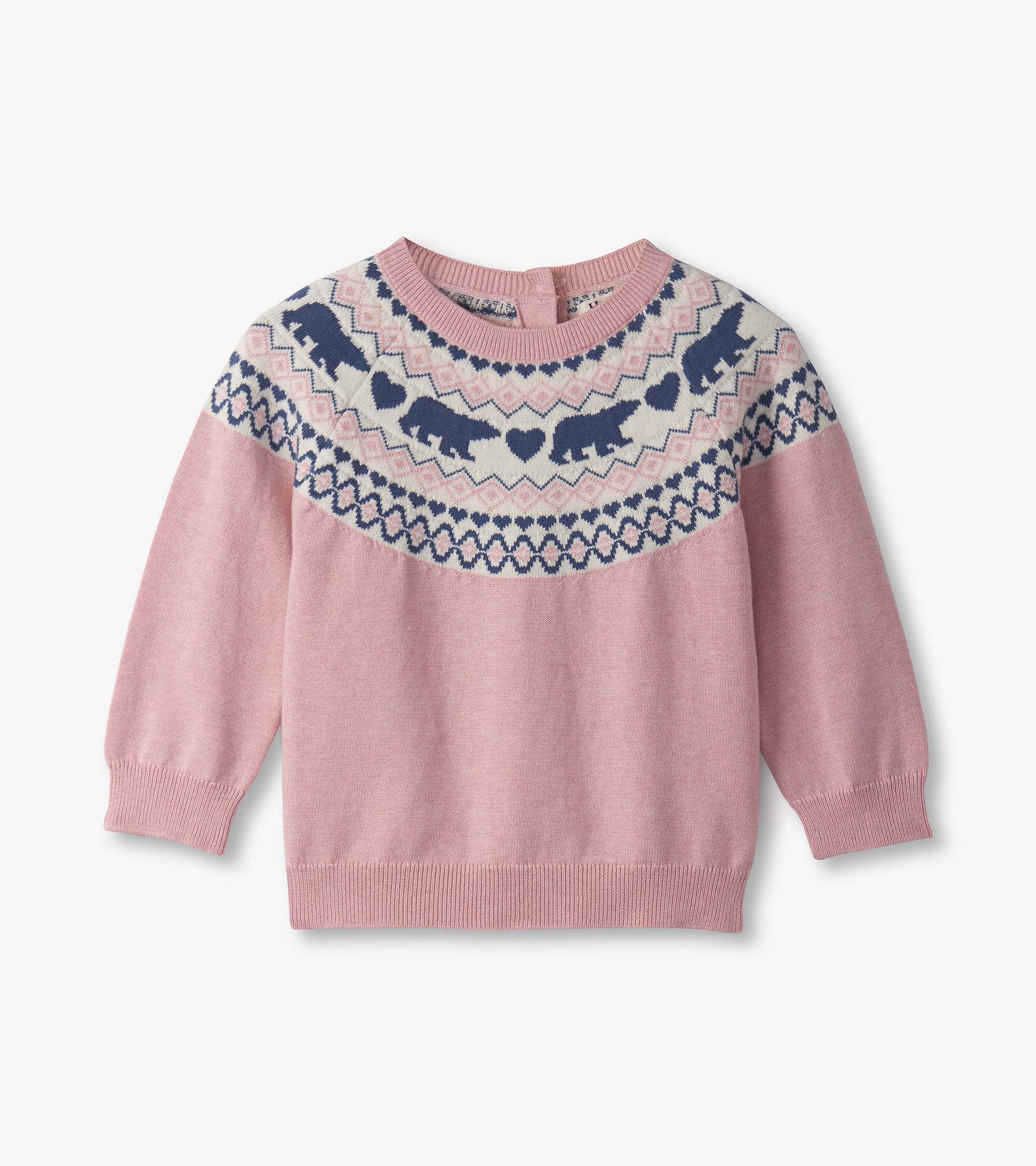 Pink sweater with bear and heart pattern, featuring a round neckline and long sleeves.