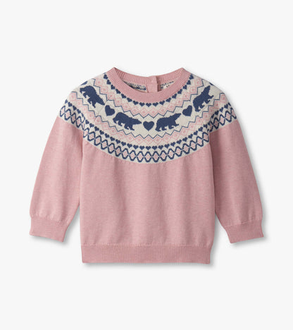 Pink sweater with bear and heart pattern, featuring a round neckline and long sleeves.