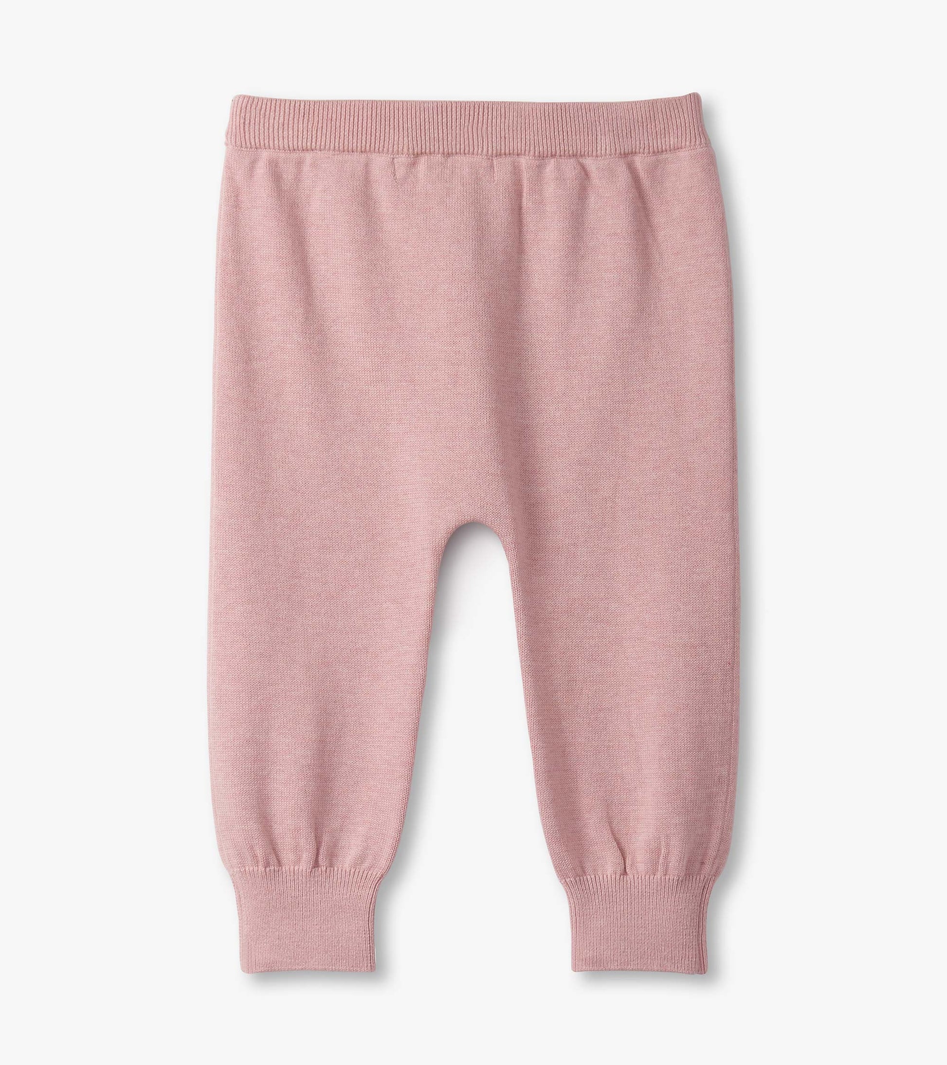 Light pink pull-on sweater pants with elastic waistband and ribbed cuffs, suitable for baby girls.