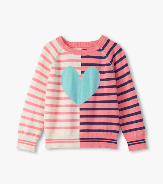 Pink and cream striped sweater featuring a large blue heart design, with long sleeves and a ribbed neckline.