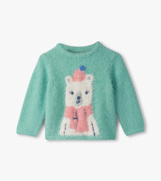 Mint green furry sweater featuring a polar bear design with a pink scarf and hat. Long sleeves and round neckline.