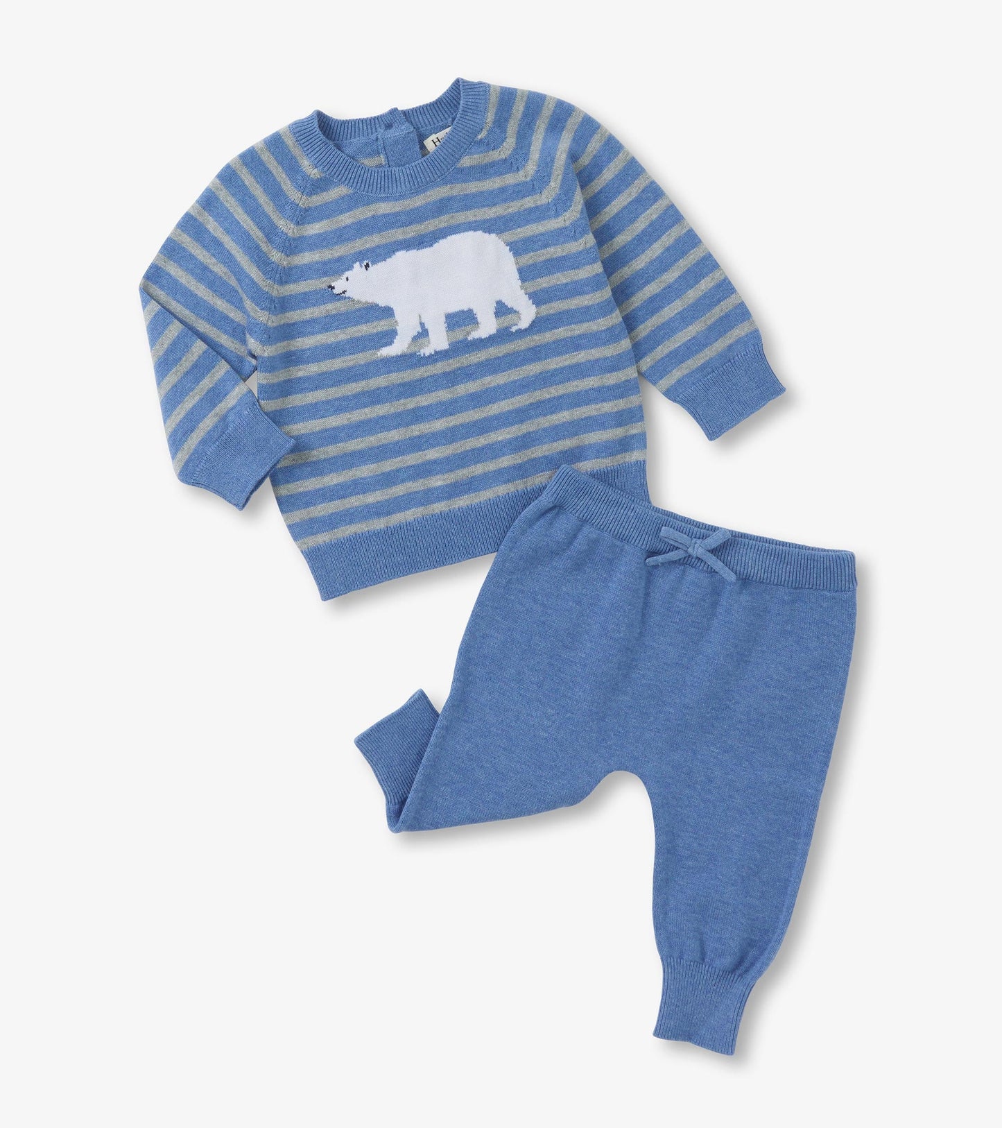 Blue striped sweater set featuring a polar bear design, paired with matching blue pants, suitable for baby boys.