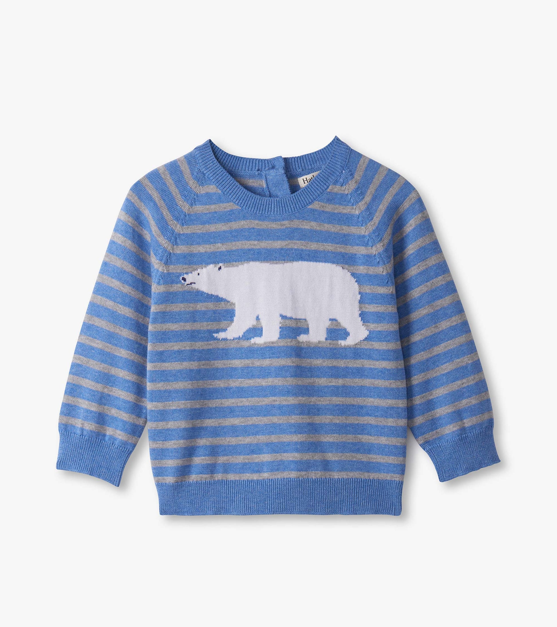 Blue and gray striped sweater featuring a white polar bear design, suitable for baby boys.