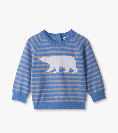 Blue and gray striped sweater featuring a white polar bear design, suitable for baby boys.