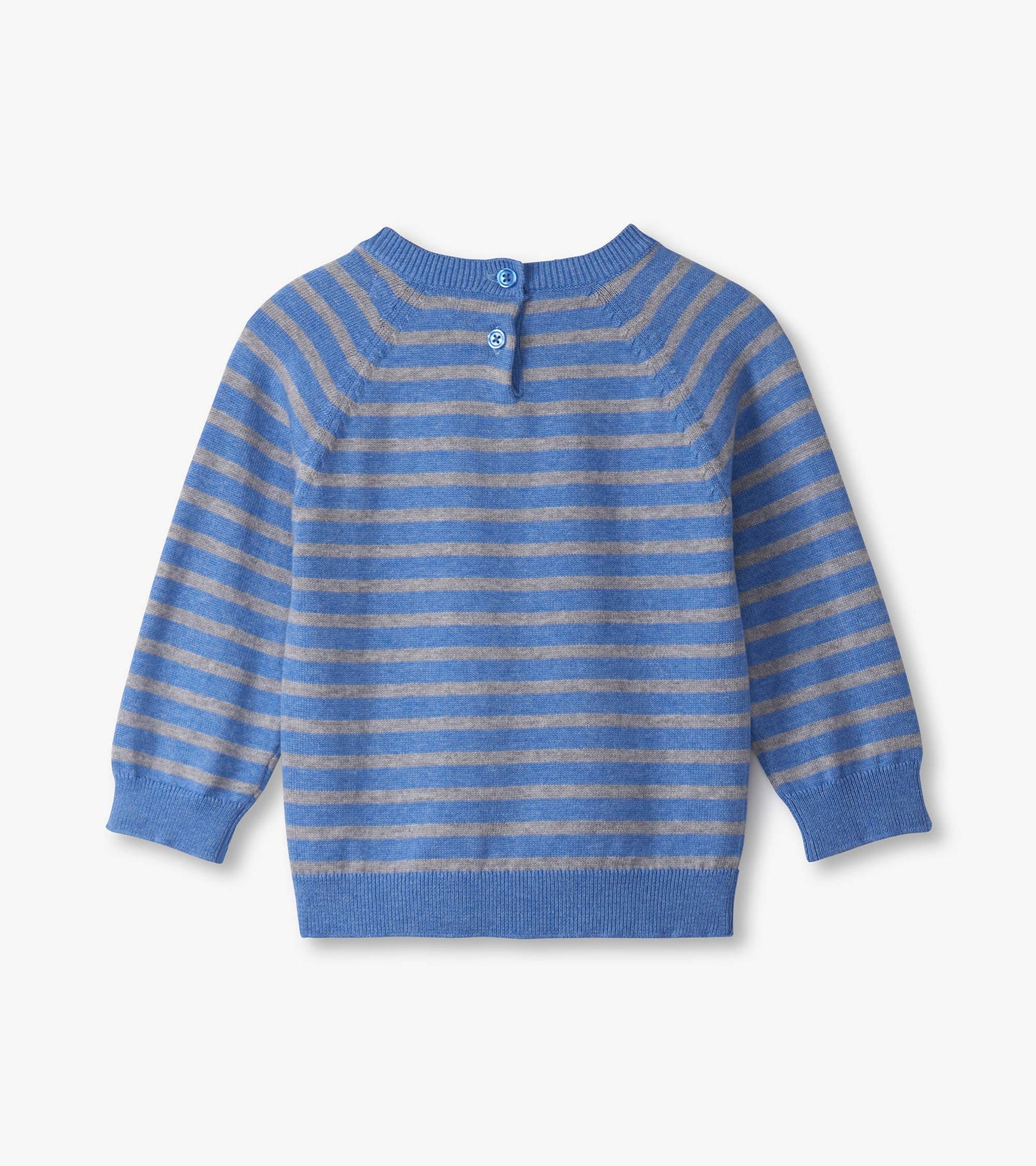 Blue and gray striped sweater with long sleeves and button closure at the back, suitable for baby boys.