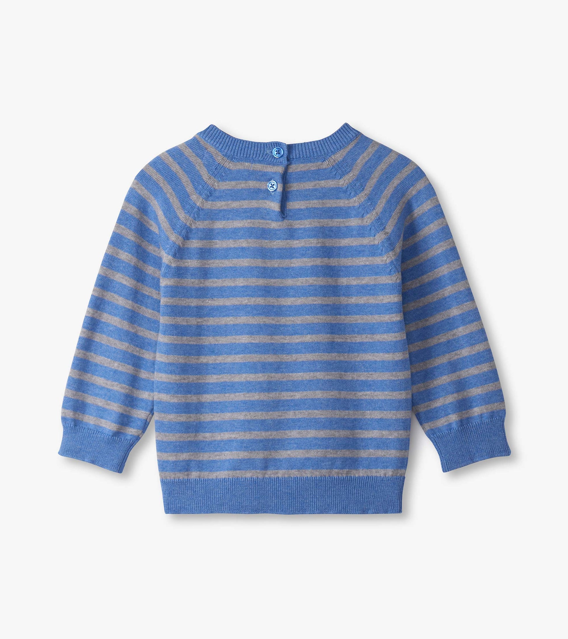 Blue and gray striped sweater with long sleeves and button closure at the back, suitable for baby boys.