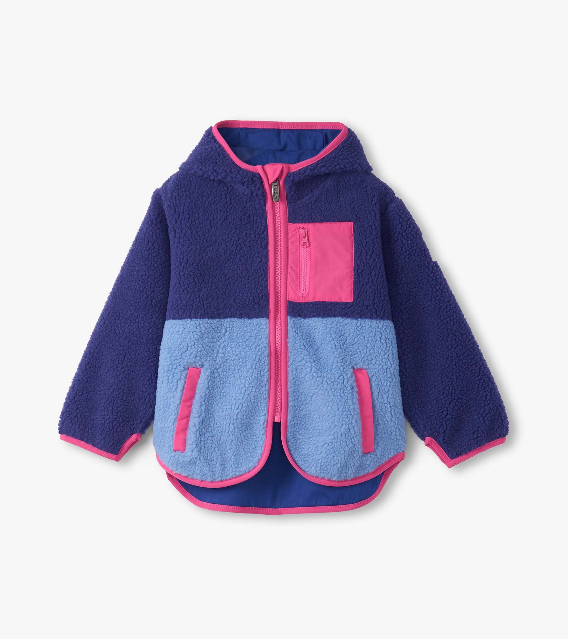 Royal blue and light blue faux sherpa jacket with pink accents, featuring a hood and zippered front.