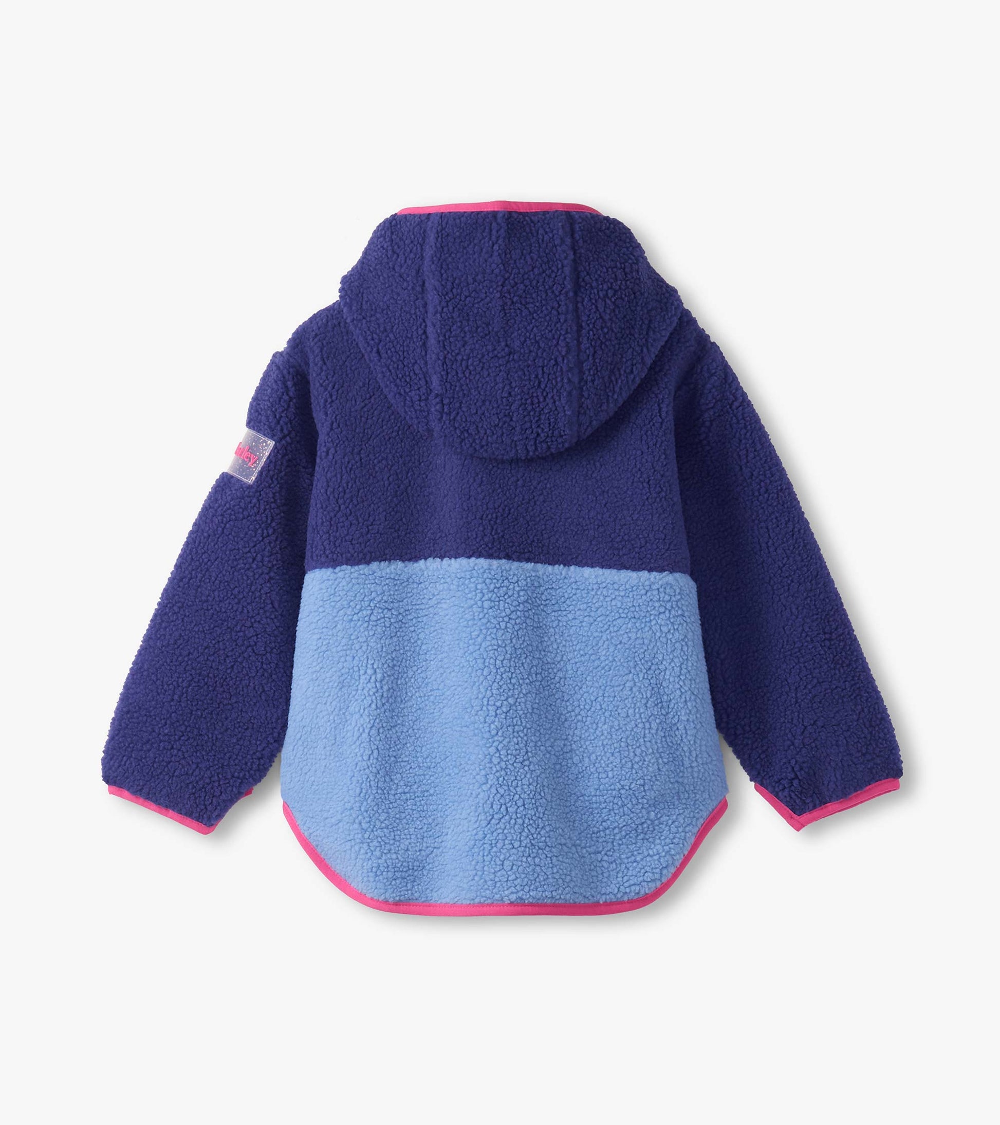Royal blue and light blue colourblock faux sherpa jacket with a hood and pink trim, featuring a soft, cozy texture.