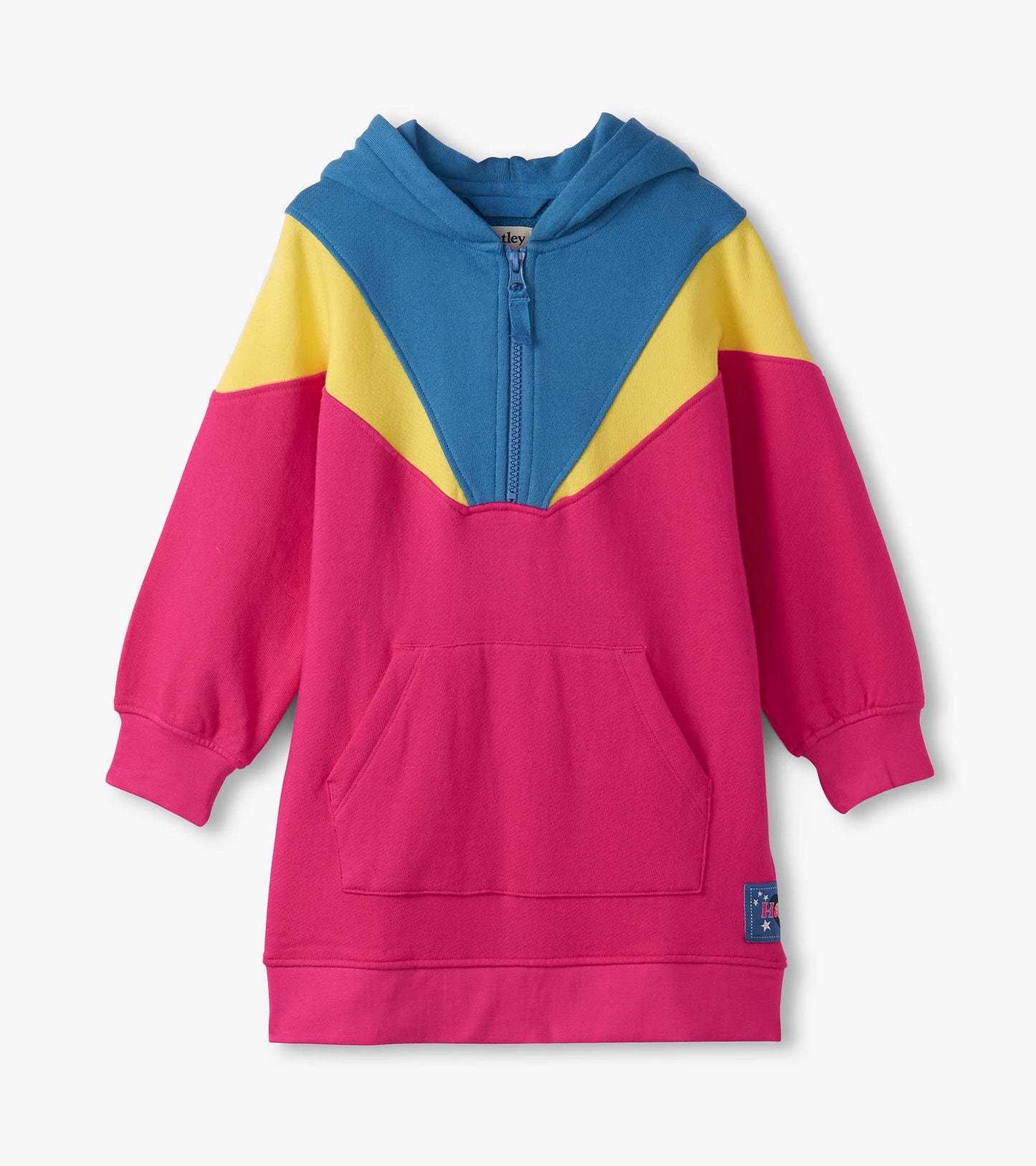 Half-zip dress featuring a retro color block design in pink, blue, and yellow with a front pocket and hood.