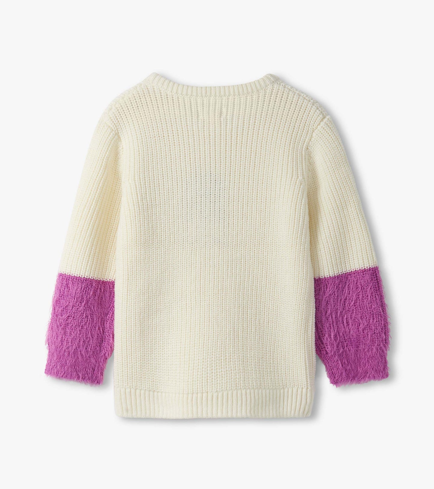 Cream sweater with fluffy purple sleeves, featuring a ribbed texture and a relaxed fit.