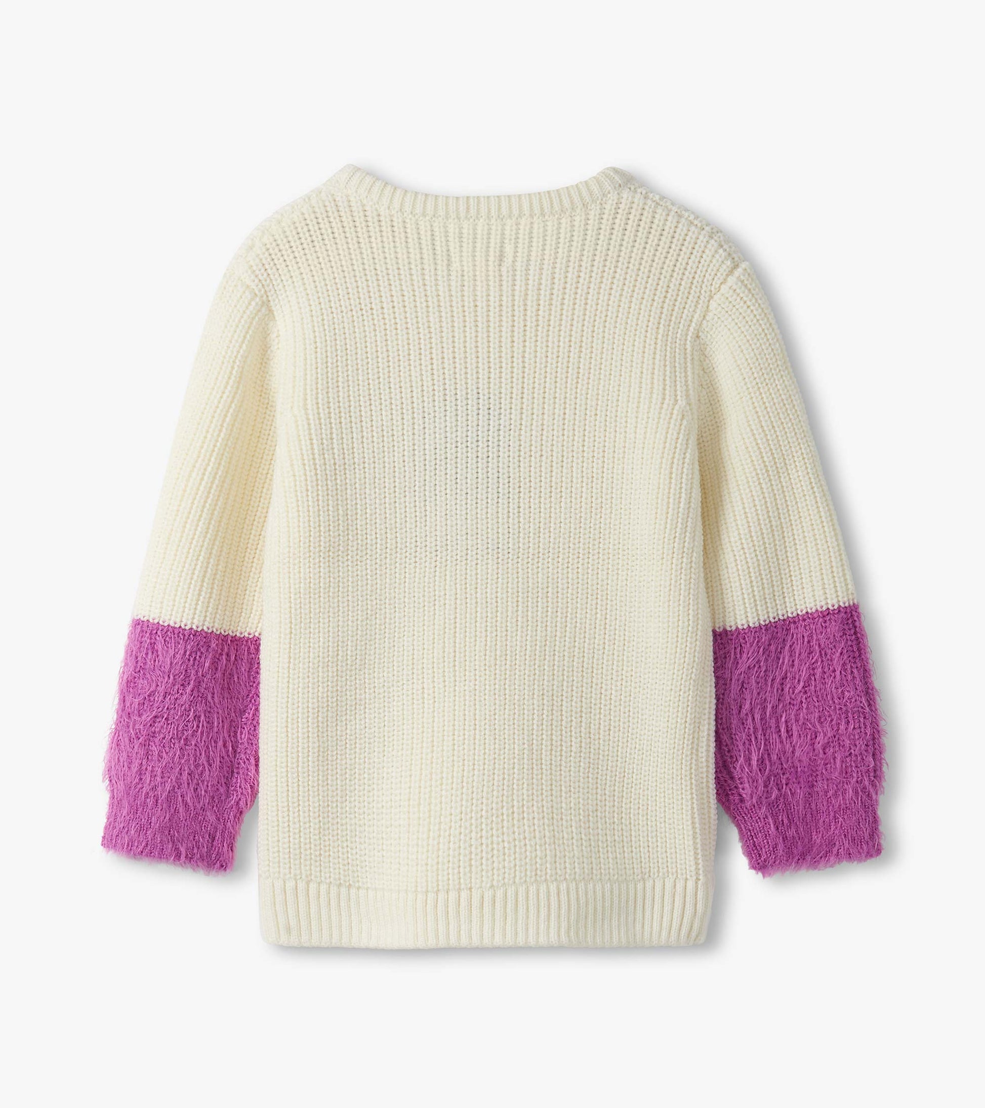 Cream sweater with fluffy purple sleeves, featuring a ribbed texture and a relaxed fit.