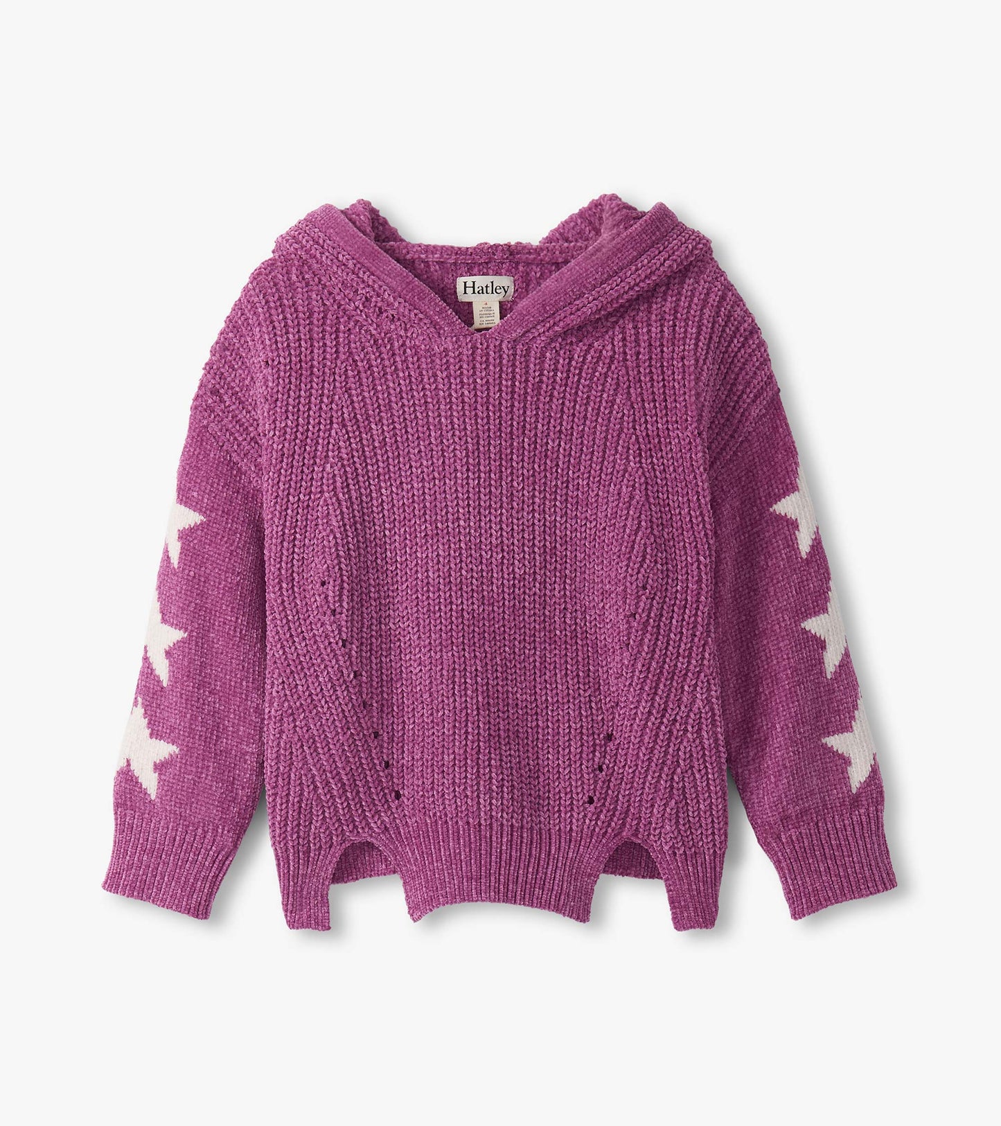 Purple chenille pullover sweater with a hood and white star pattern on sleeves, featuring a relaxed fit and side slits.