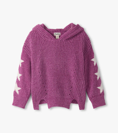 Purple chenille pullover sweater with a hood and white star pattern on sleeves, featuring a relaxed fit and side slits.