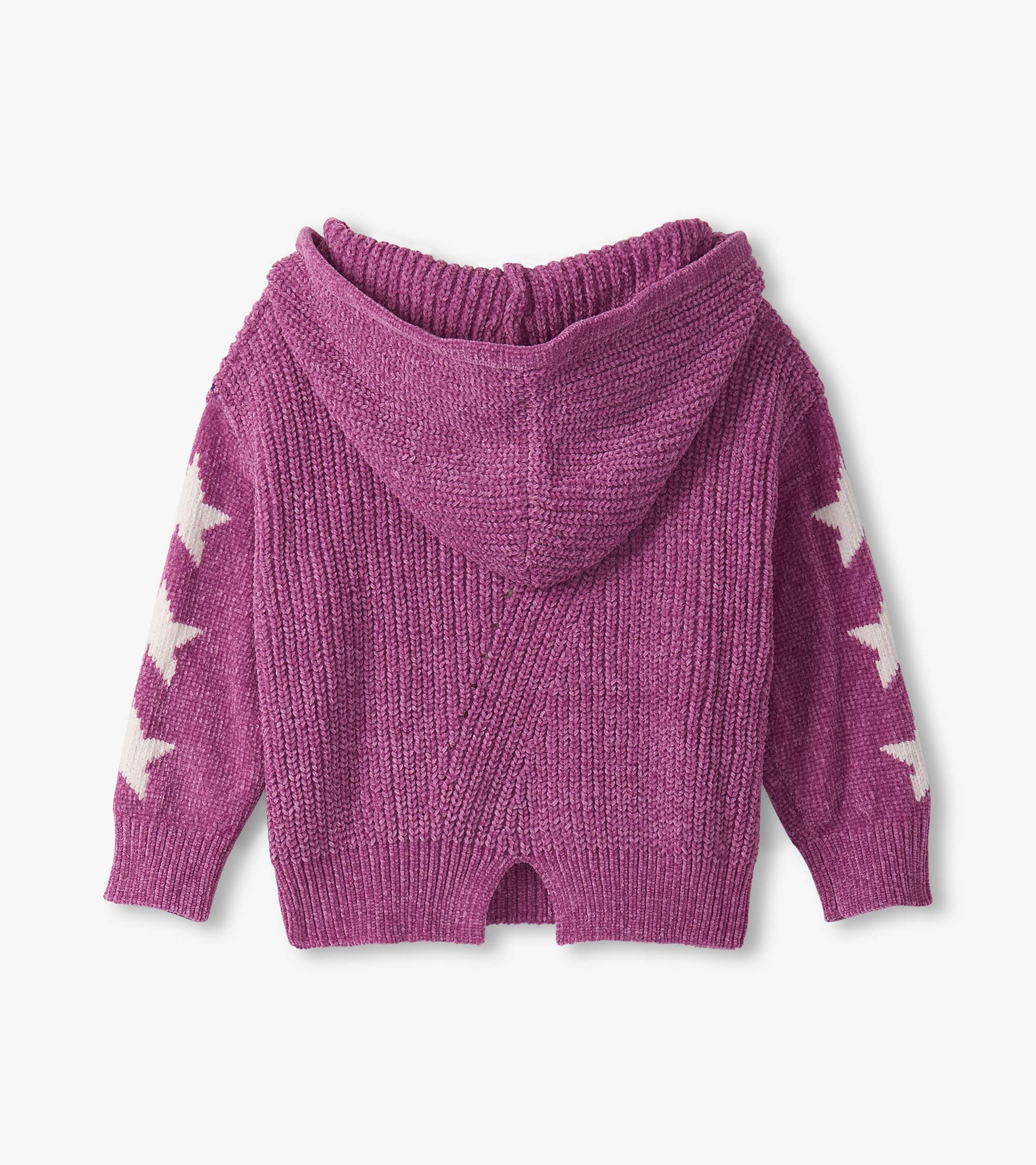 Purple chenille pullover sweater with a hood and white star pattern on sleeves, featuring a split hem design.