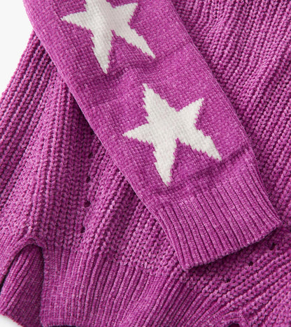 Radiant orchid chenille pullover sweater with white star patterns on sleeves and textured knit design.