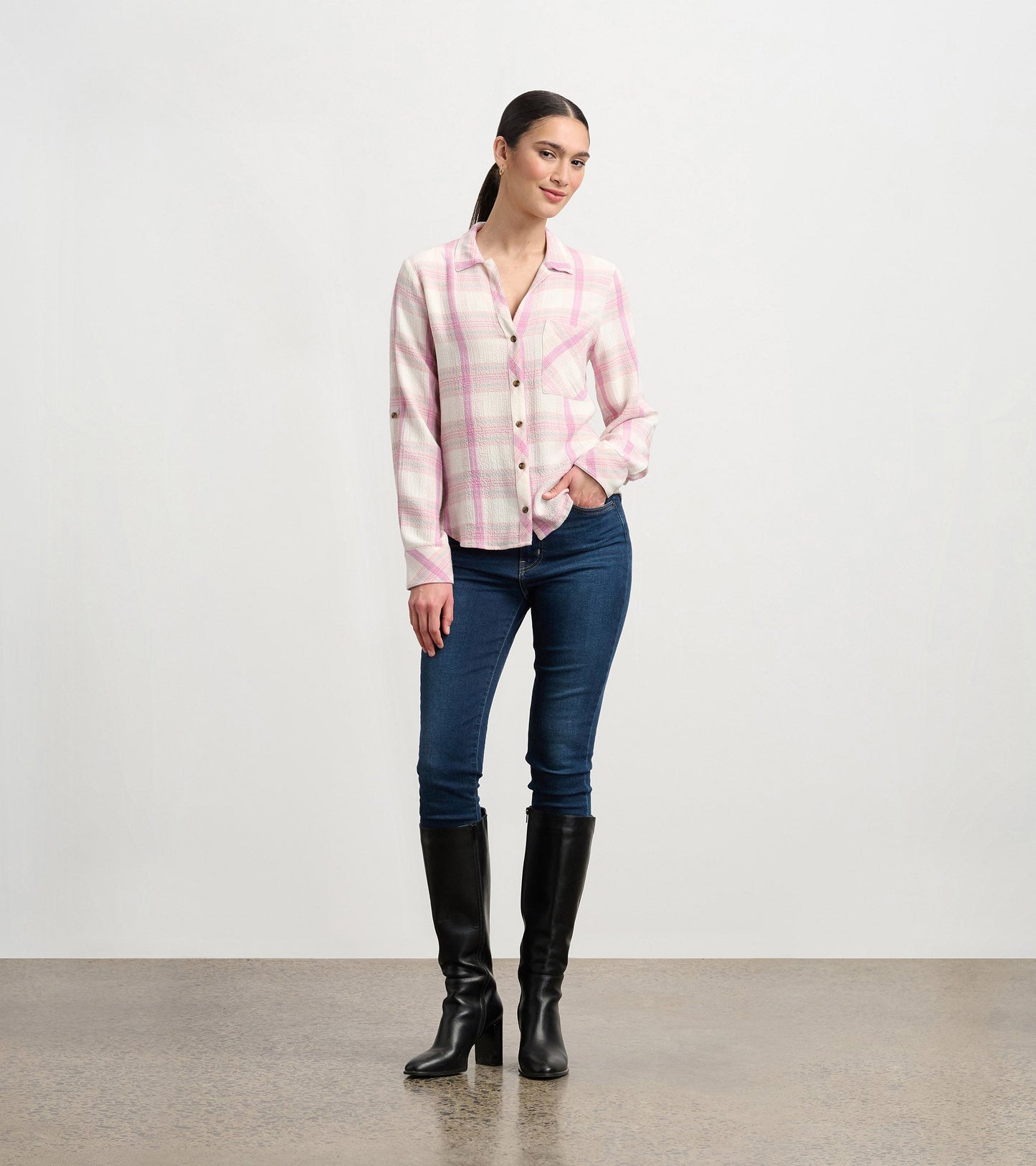 Lila Button Down - Pink Plaid