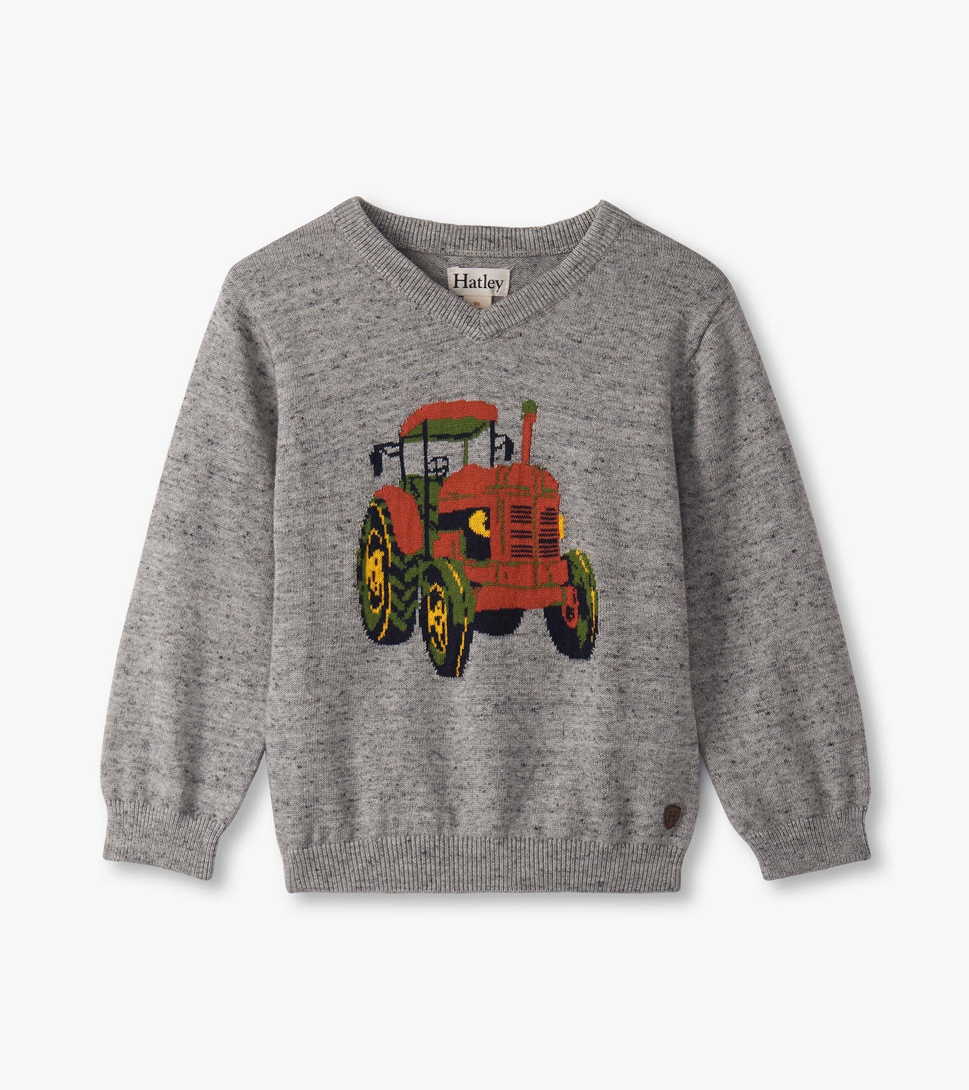 Gray V-neck sweater featuring a colorful tractor design, suitable for baby and toddler boys.
