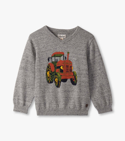 Gray V-neck sweater featuring a colorful tractor design, suitable for baby and toddler boys.